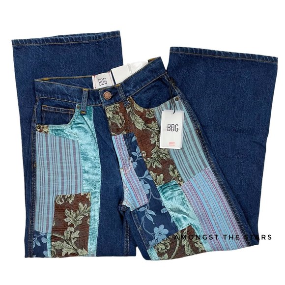 BDG Patchwork Velvet Jacquard High Waisted Wide Leg Blue Jeans - Picture 8 of 15